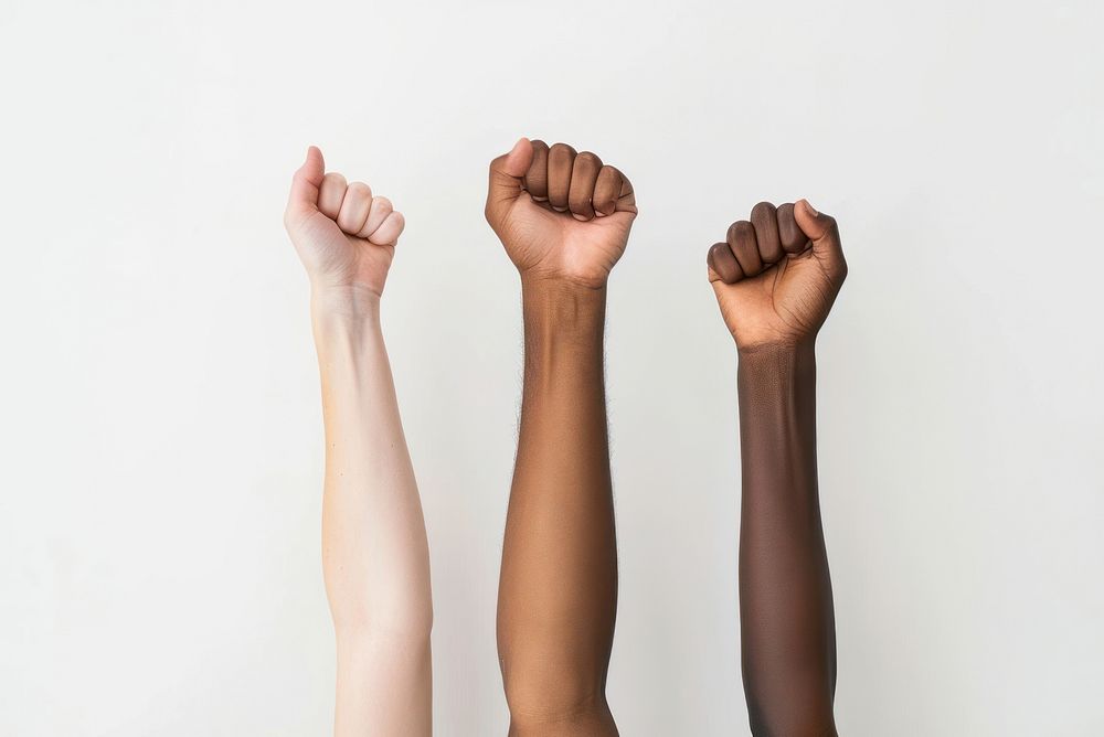 Arms raising of 3 mixed races people finger person adult.
