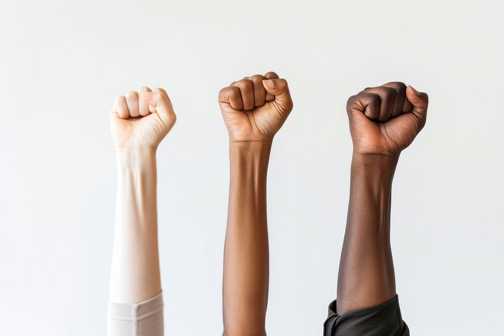 Arms raising of 3 mixed races people adult hand gesturing.