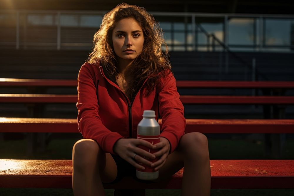 Athletic woman sitting on a bench bottle portrait adult.