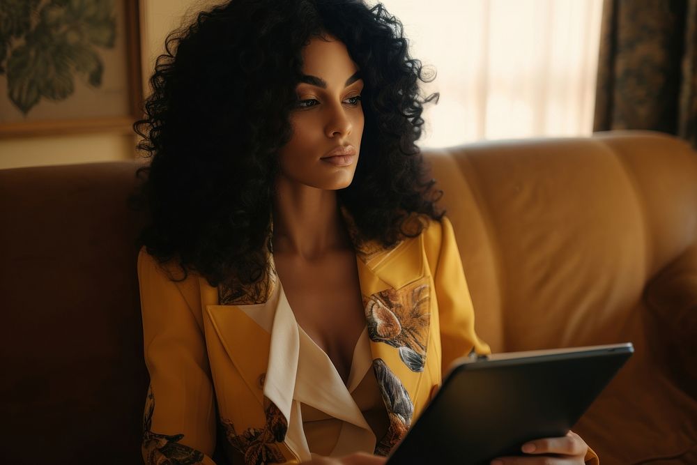 Black woman sitting holding tablet computer adult contemplation.