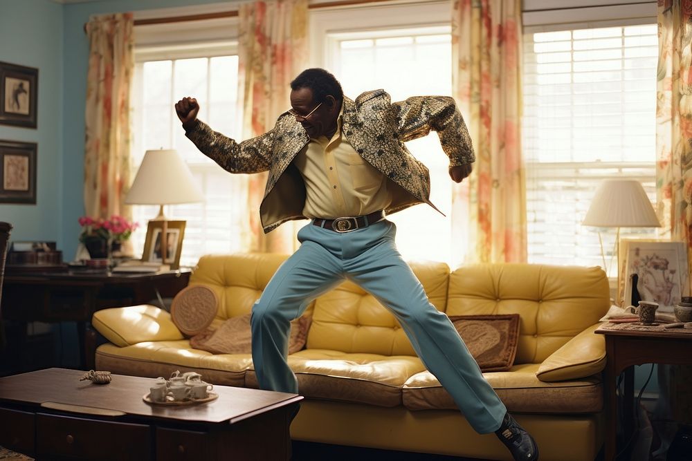 Black man dances in the living room furniture adult architecture.