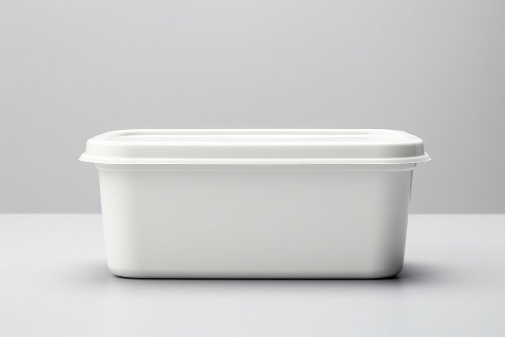 Food container with tag label  bathtub white white background.