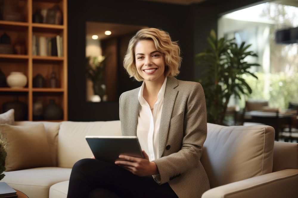 Business woman sitting and holding tablet smiling adult conversation.