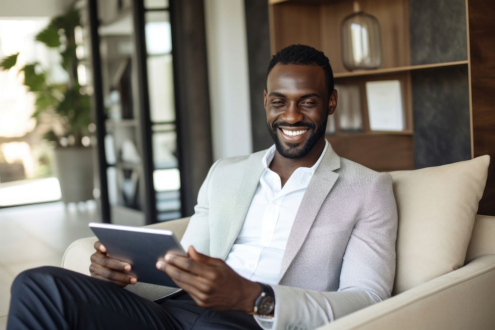 Business black man sitting and holding tablet computer smiling adult.