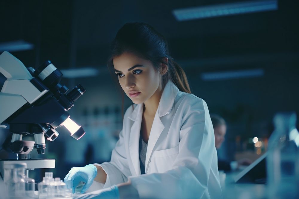 Female scientist using microscope adult concentration biotechnology.