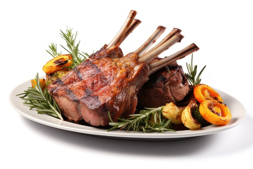 Gourmet food roasted meat white background.