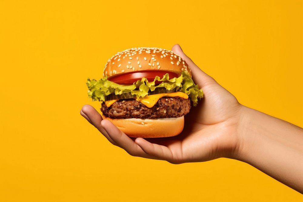 Hamburger on hand holding yellow food.
