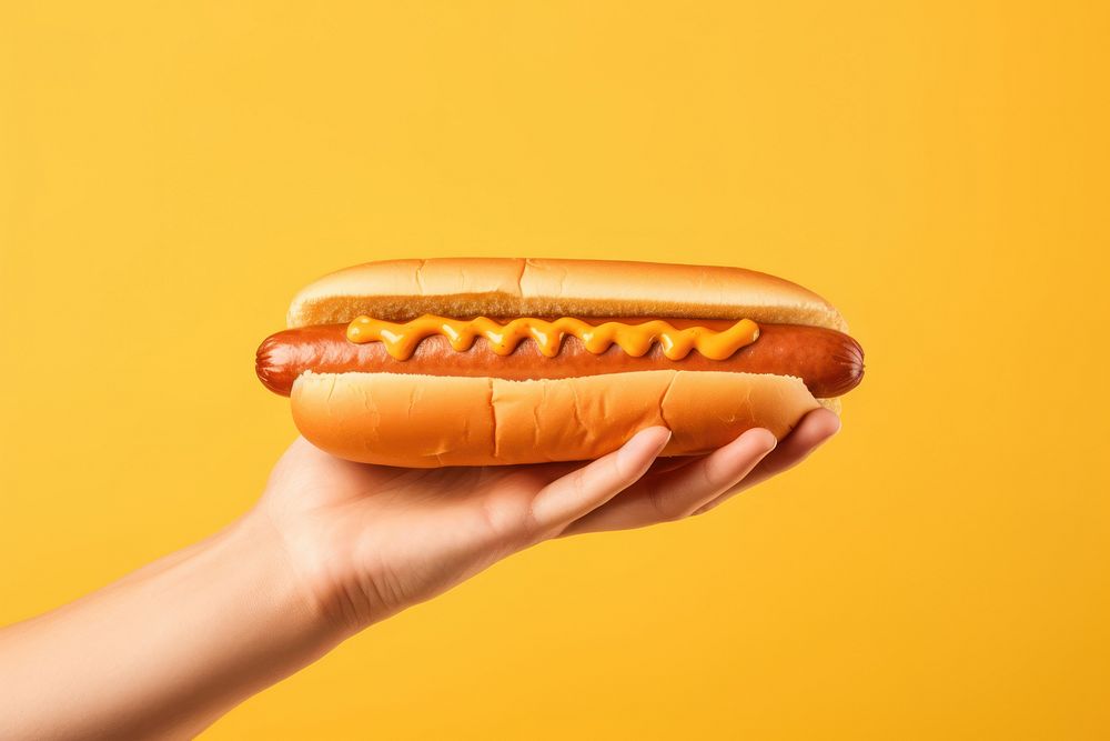 Hotdog on hand holding food bratwurst.