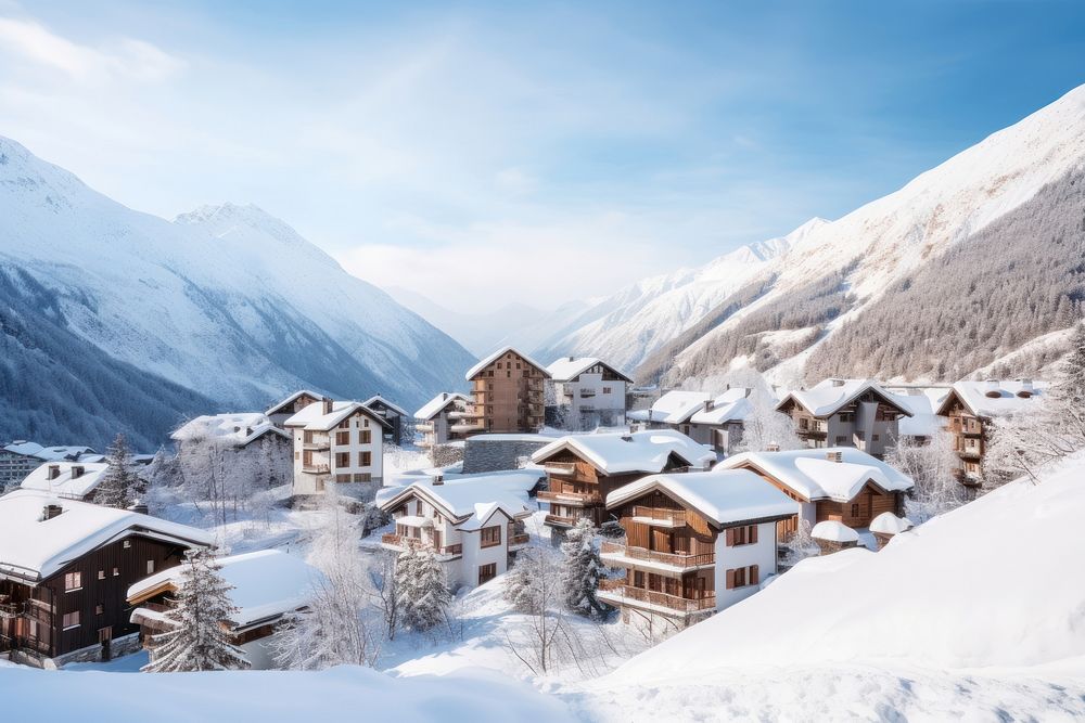 Winter scenery mountain outdoors village.