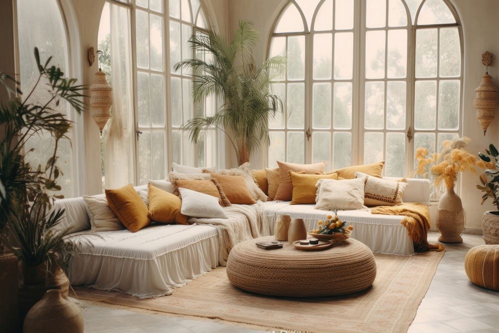 Living room in boho style furniture cushion window.