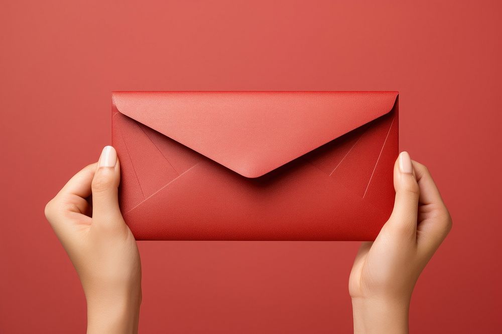 Red envelop on hand envelope holding mail.