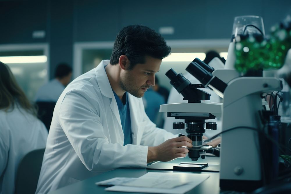 Scientist using microscope laboratory adult concentration.