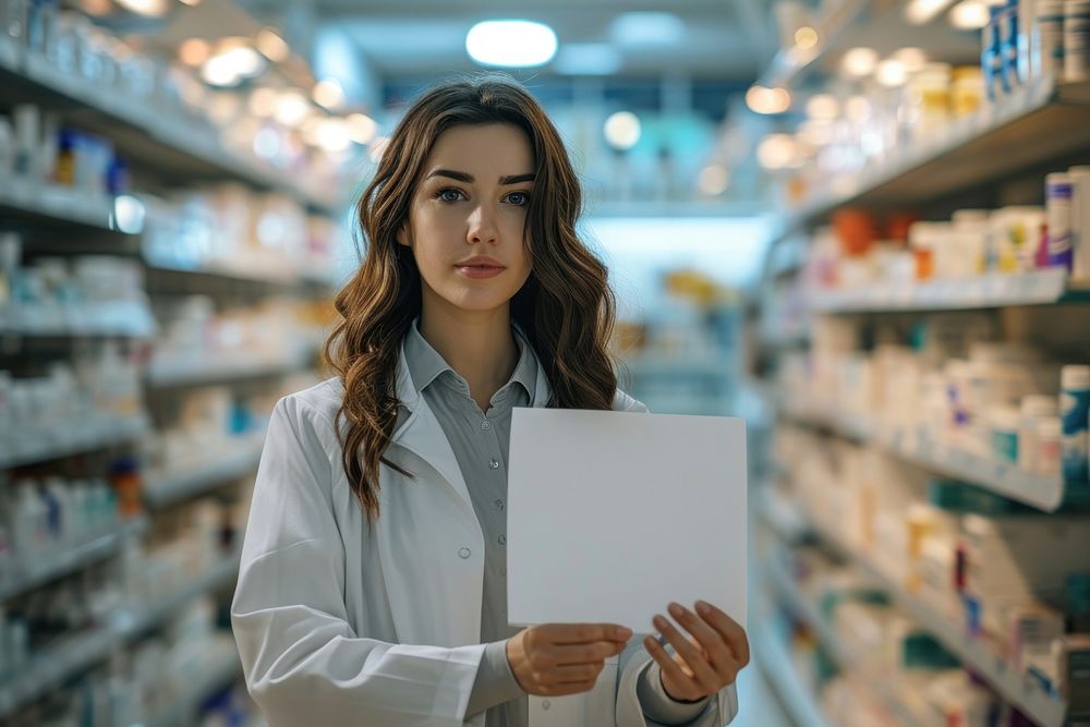 White paper sign pharmacy holding female.