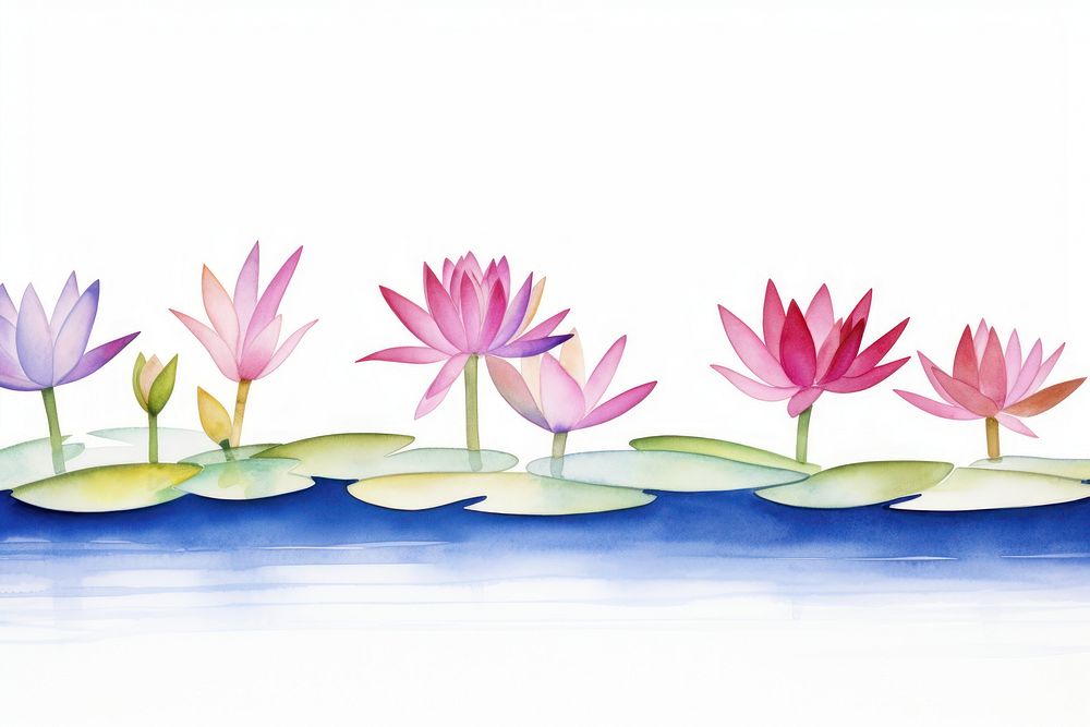 Water lily watercolor border flower plant white background.