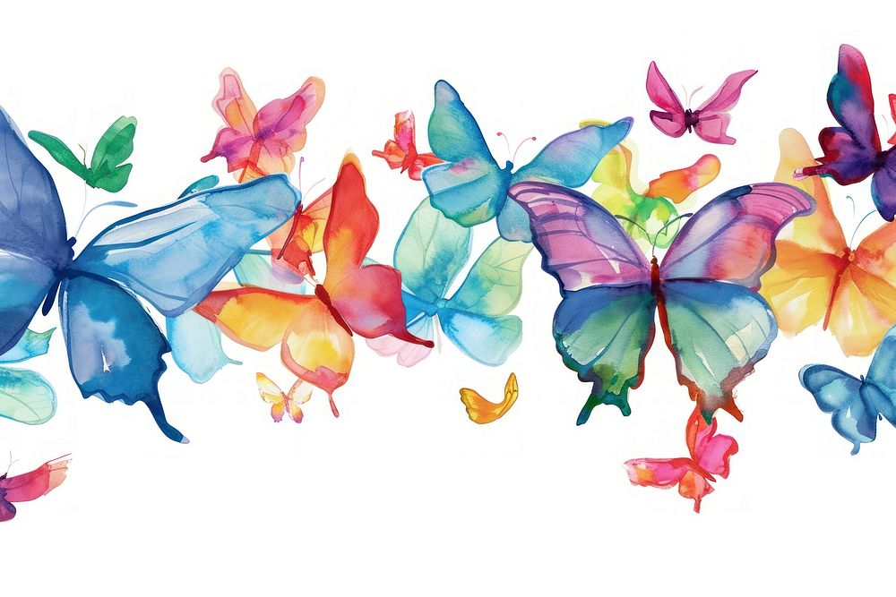 Butterfly watercolor border pattern petal white background.