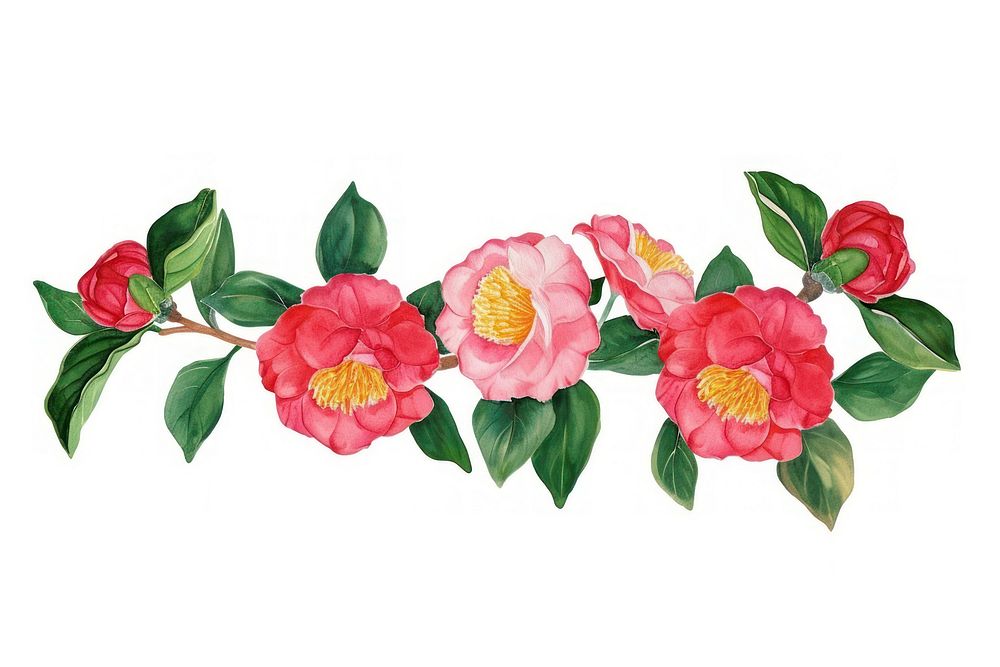 Camellia watercolor border flower petal plant.