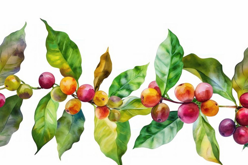 Coffee plant watercolor border leaf white background lingonberry.
