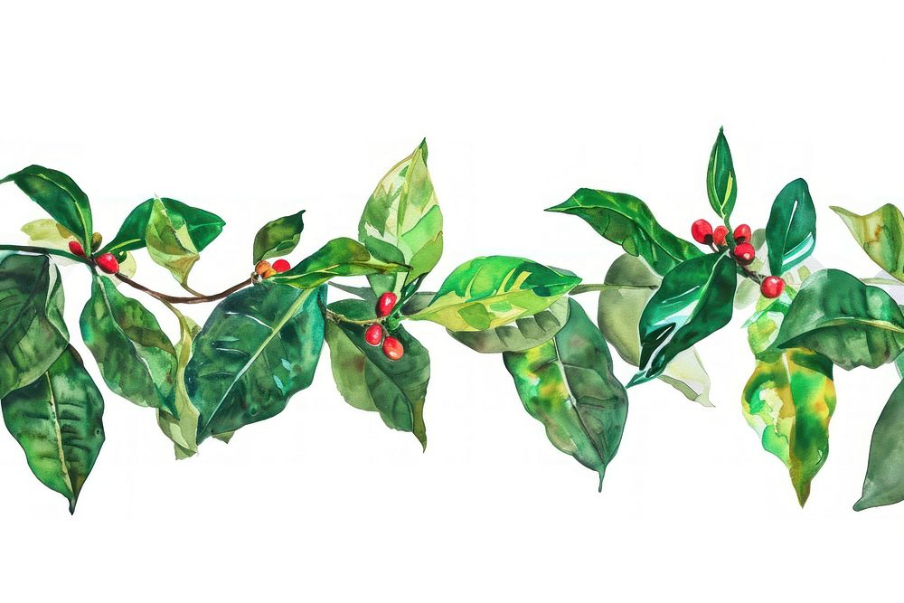 Coffee plant watercolor border leaf tree white background.