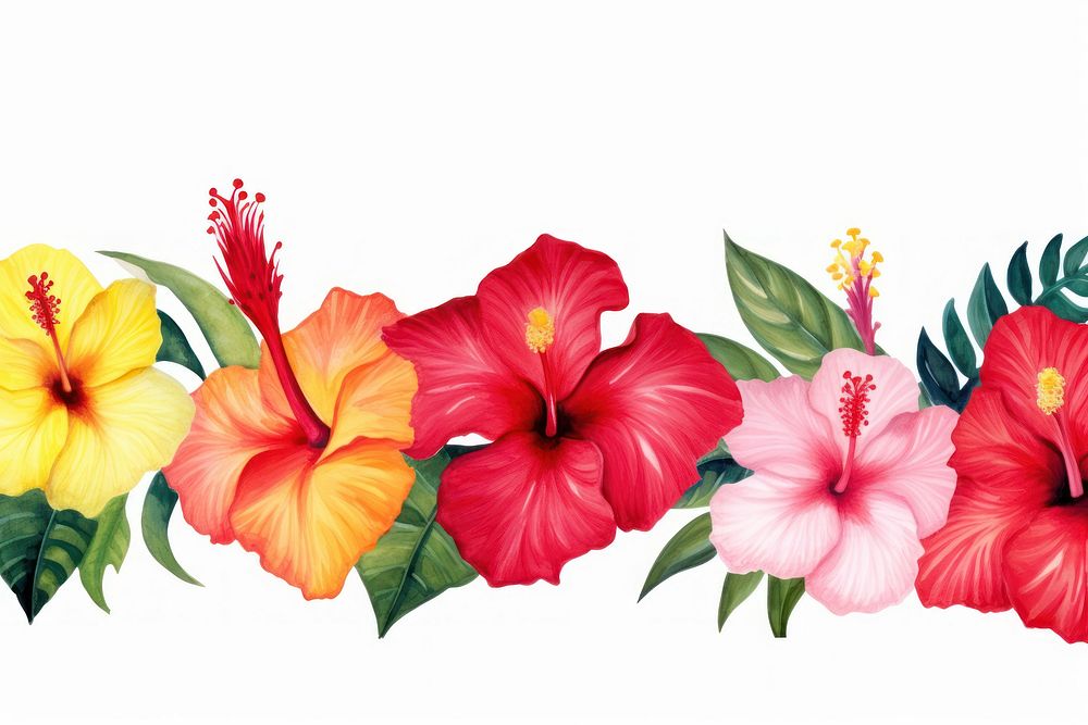 Hibiscus watercolor border flower plant white background.