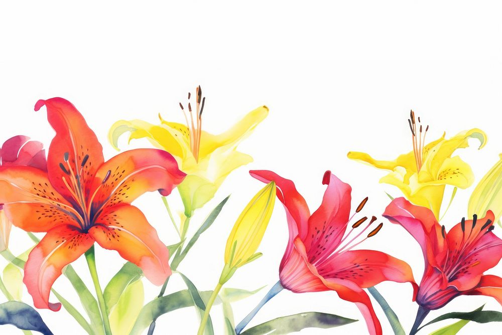 Lily watercolor border flower plant white background.