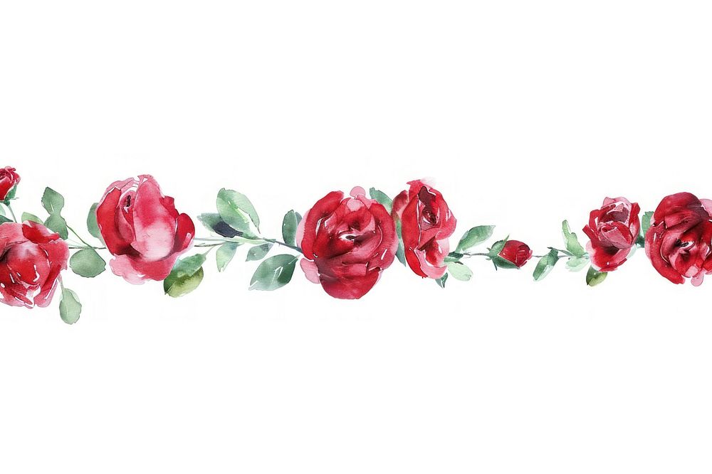 Red rose watercolor border pattern flower plant.