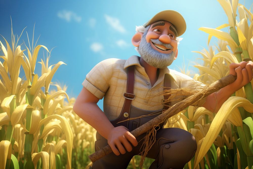 Farmer harvesting crops cartoon outdoors portrait.