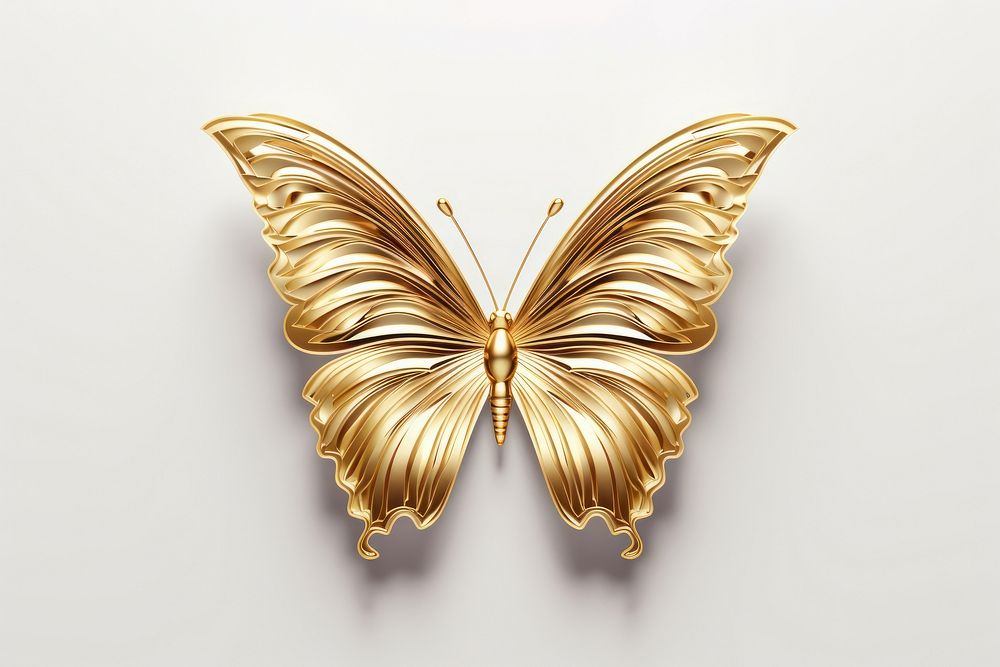 Butterfly flying gold jewelry white background.