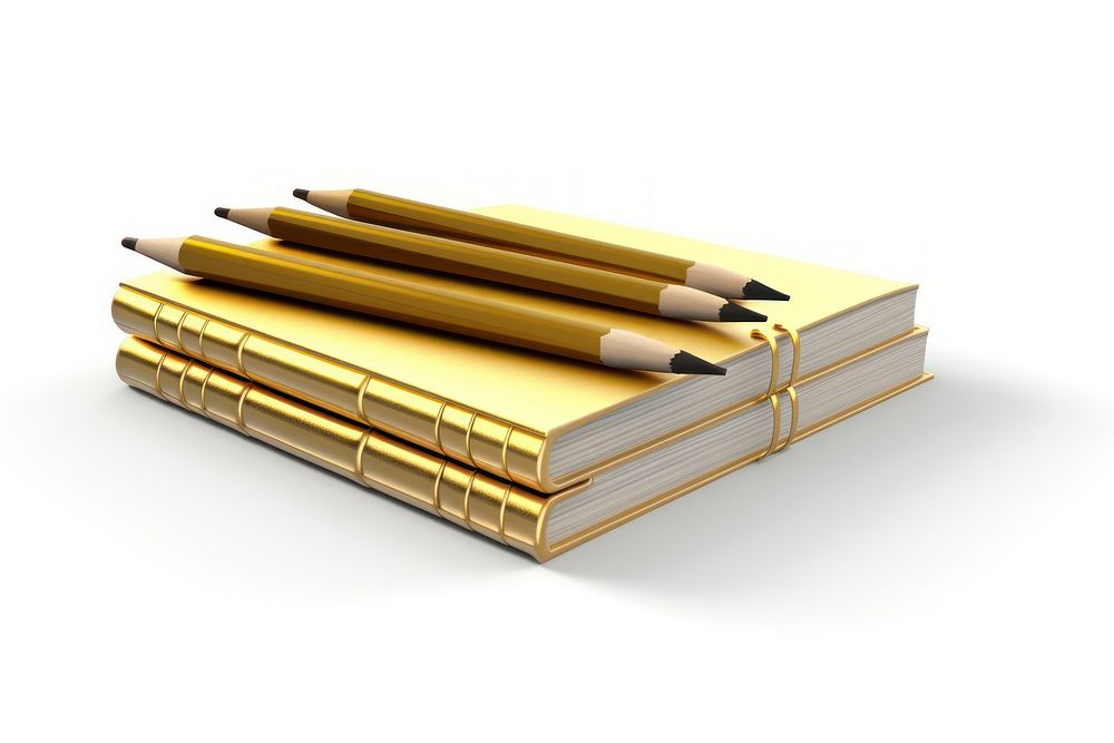 Open books with pencil gold white background publication.