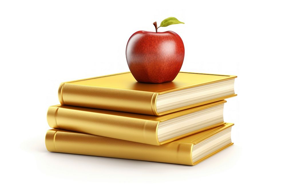 Stack of books with apple publication fruit white background.