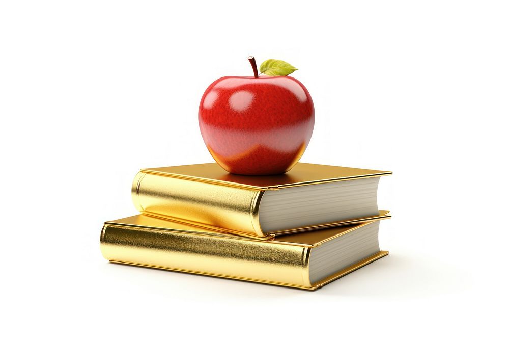 Stack of books with apple publication fruit plant.