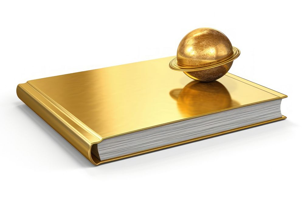 Planet on gold book publication shiny white background.