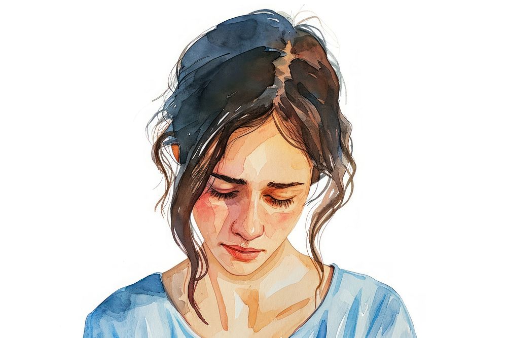 Watercolor illustration woman tired and sick expression painting portrait drawing.