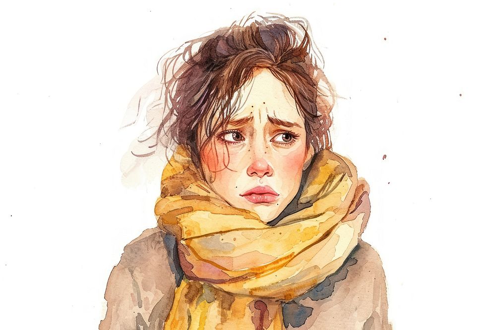 Watercolor illustration woman tired and sick expression portrait painting drawing.