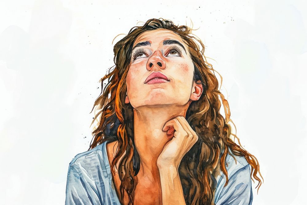 Watercolor illustration Young Uruguayan woman portrait drawing looking.