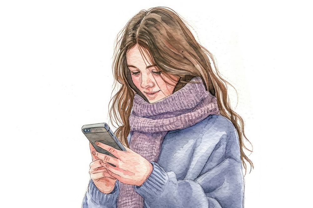 Watercolor illustration Young woman portrait drawing sketch.