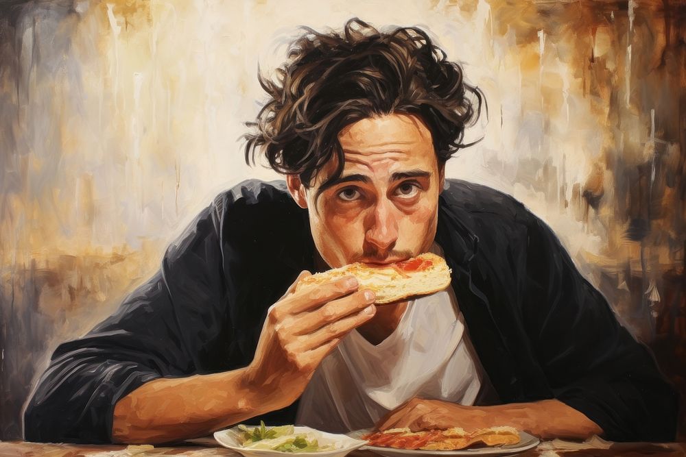 Young spanish man eating jamon sandwich pizza bread adult.