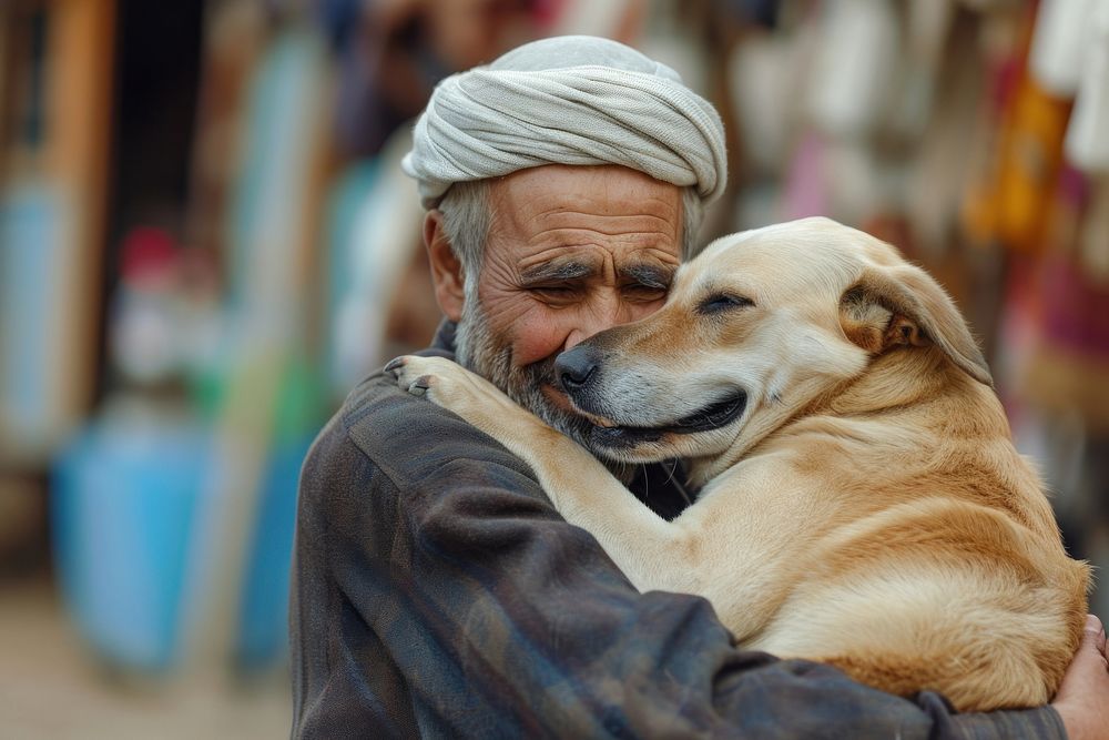 Middle eastern man hugging dog portrait mammal animal.