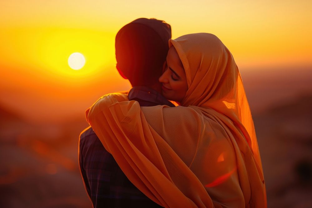 Middle eastern hugging on the sunset outdoors smiling nature.