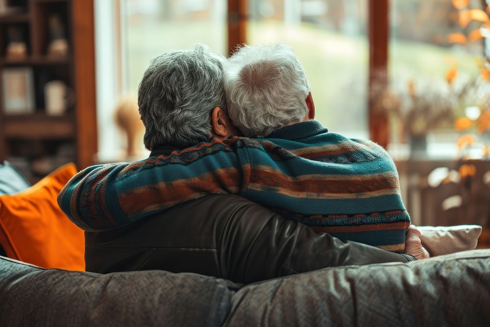Senior Middle eastern gay couple hugging on sofa adult love togetherness.