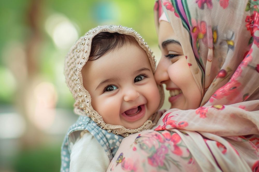 Middle eastern baby laughing with her mom portrait smiling photo.