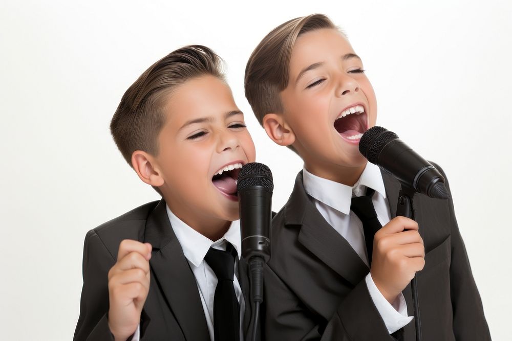 Two boys singing their hearts out microphone karaoke togetherness.