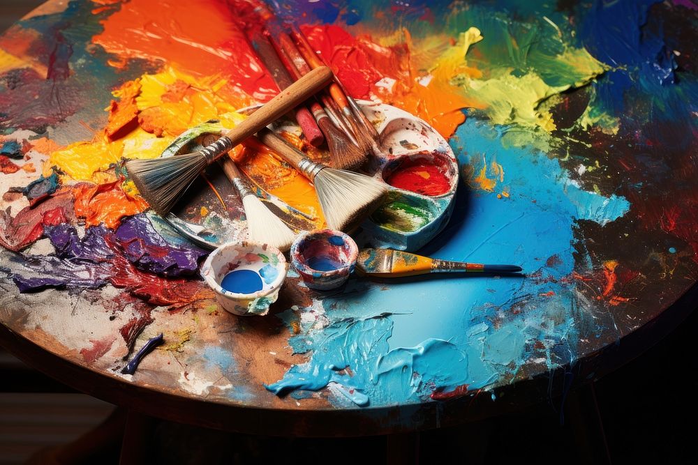 Messy and colorful oil painting palette brush paintbrush creativity.
