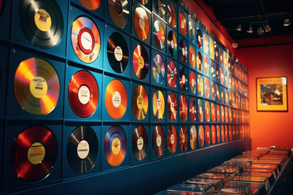 A wall of colorful vinlyn records arrangement gramophone turntable.