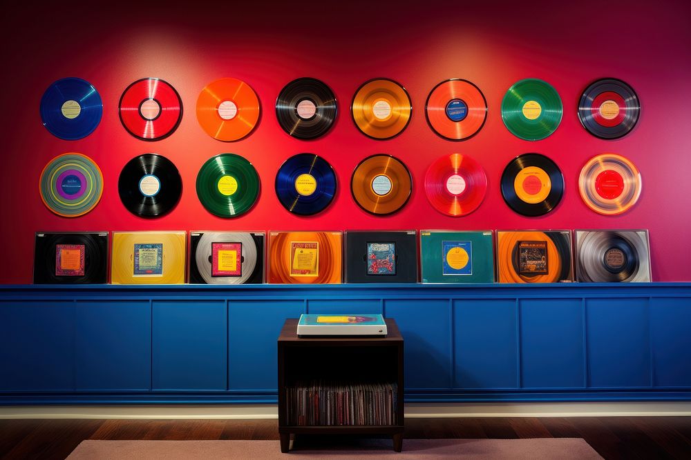 A wall of colorful vinlyn records art electronics creativity.