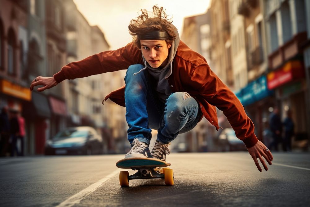 Boy doing skaterboard trick skateboard vehicle street.