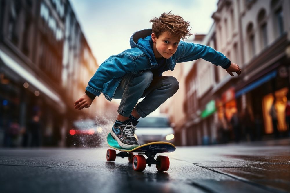 Boy doing skaterboard trick skateboard street city.
