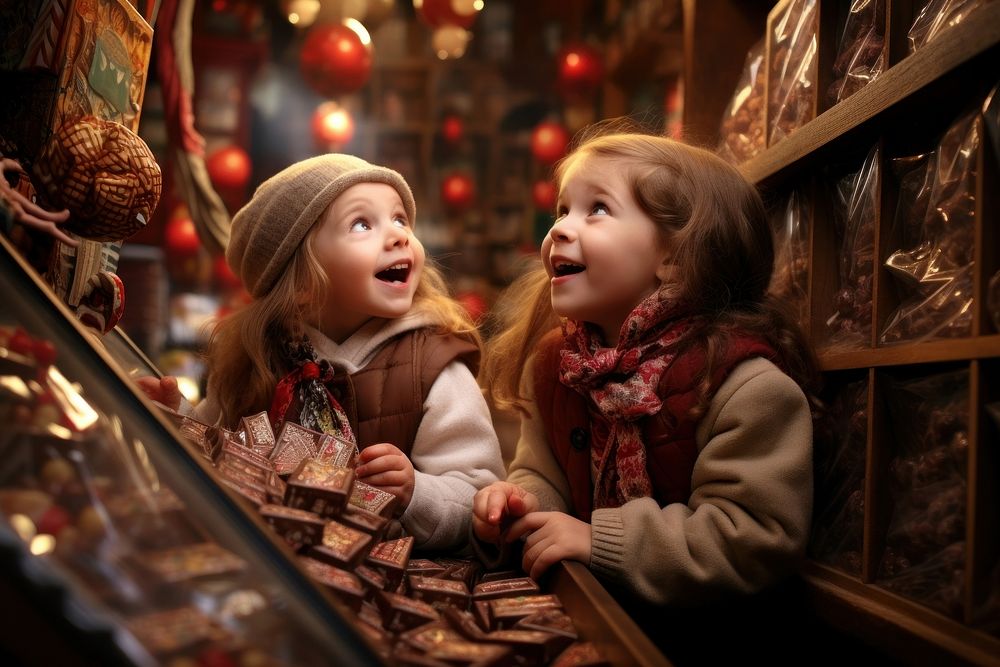 Children amazed by chocolate store portrait photo confectionery.