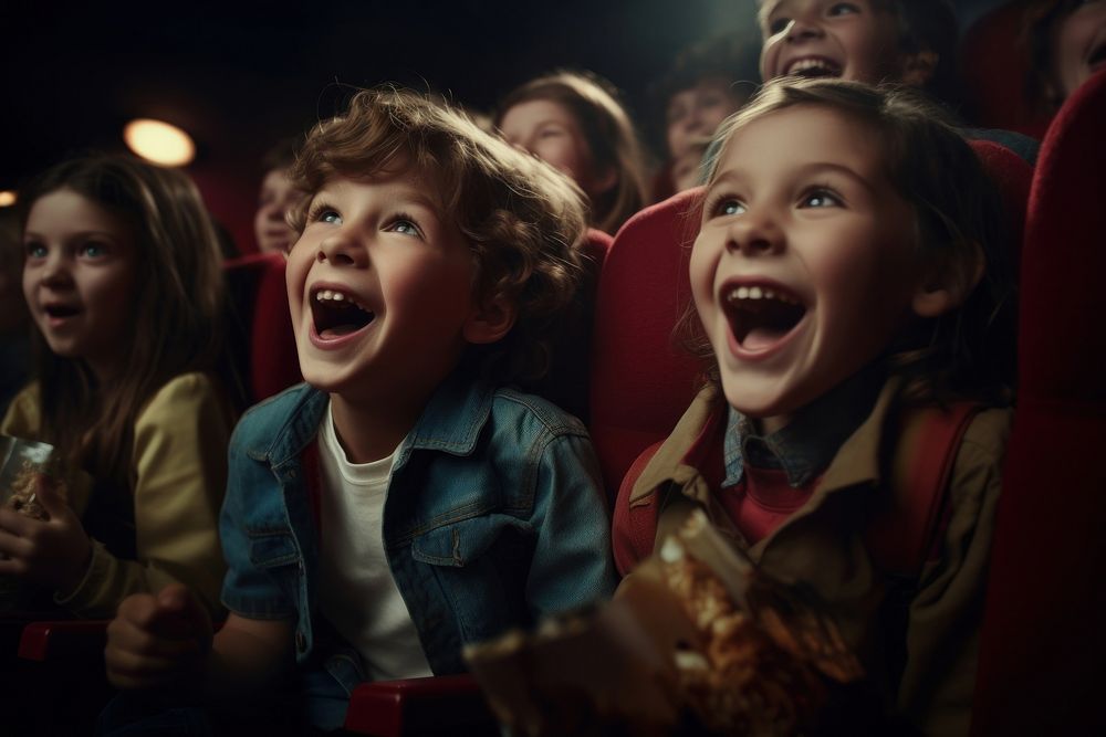 Children laughing in movie theatre shouting portrait photo.
