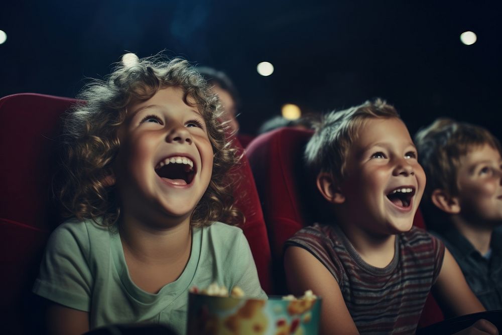 Children laughing in movie theatre togetherness excitement friendship.