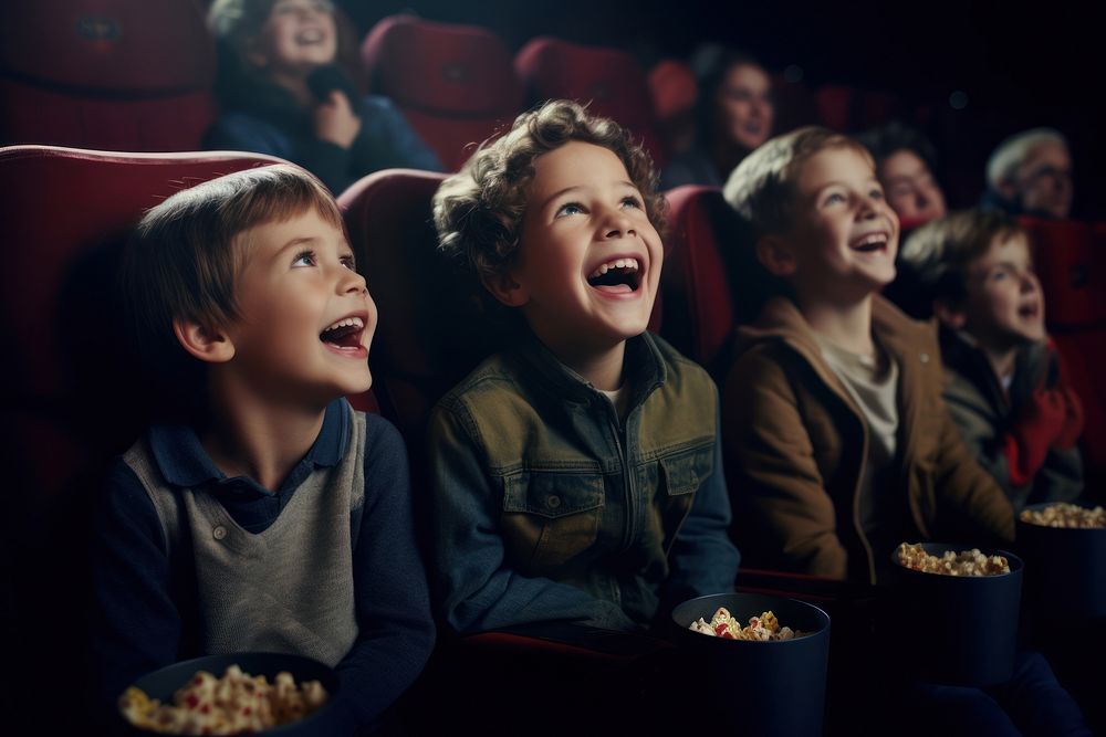 Children laughing in movie theatre popcorn togetherness excitement.